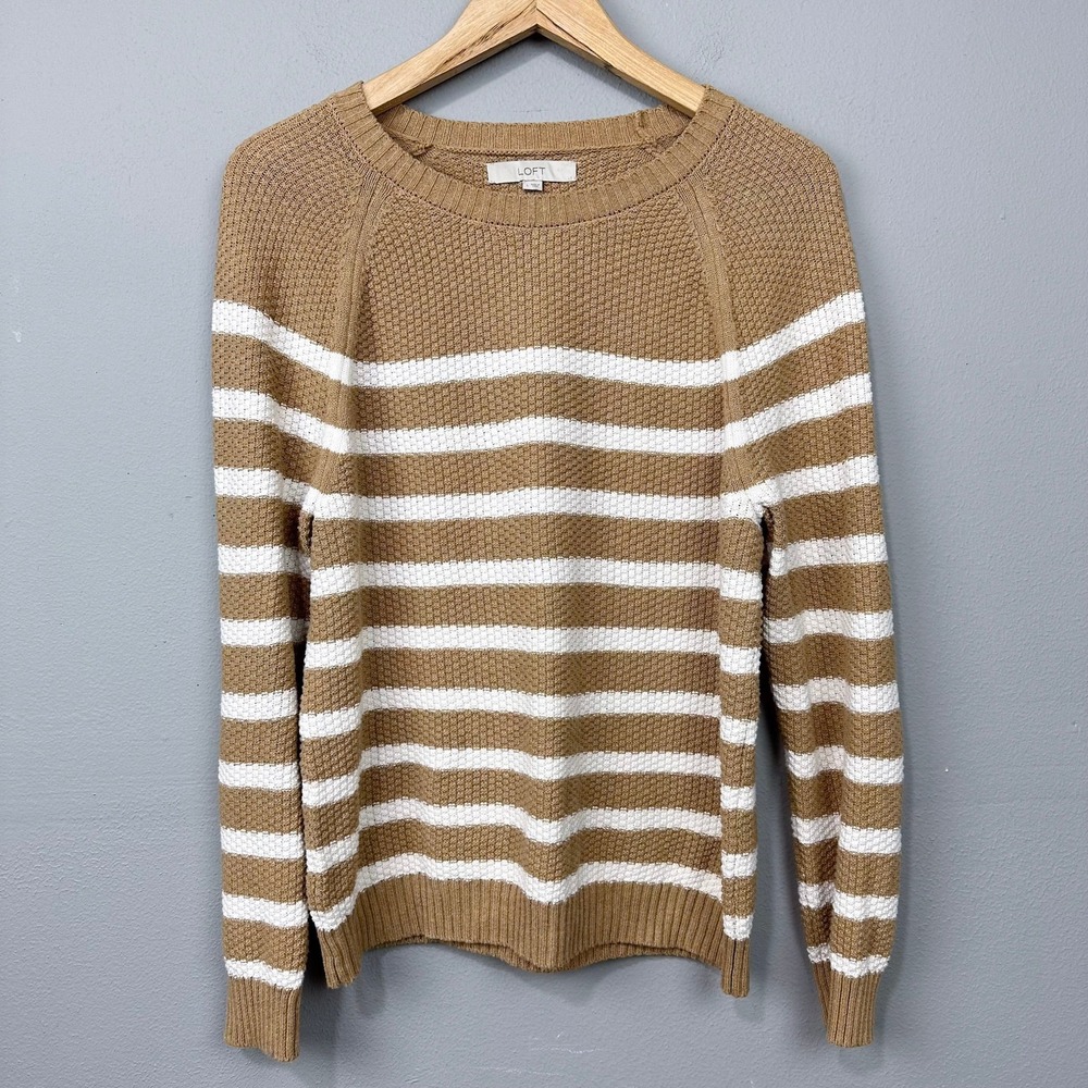 LOFT Sweater Womens Size L Brown Beige Striped Textured Cotton Raglan Crewneck